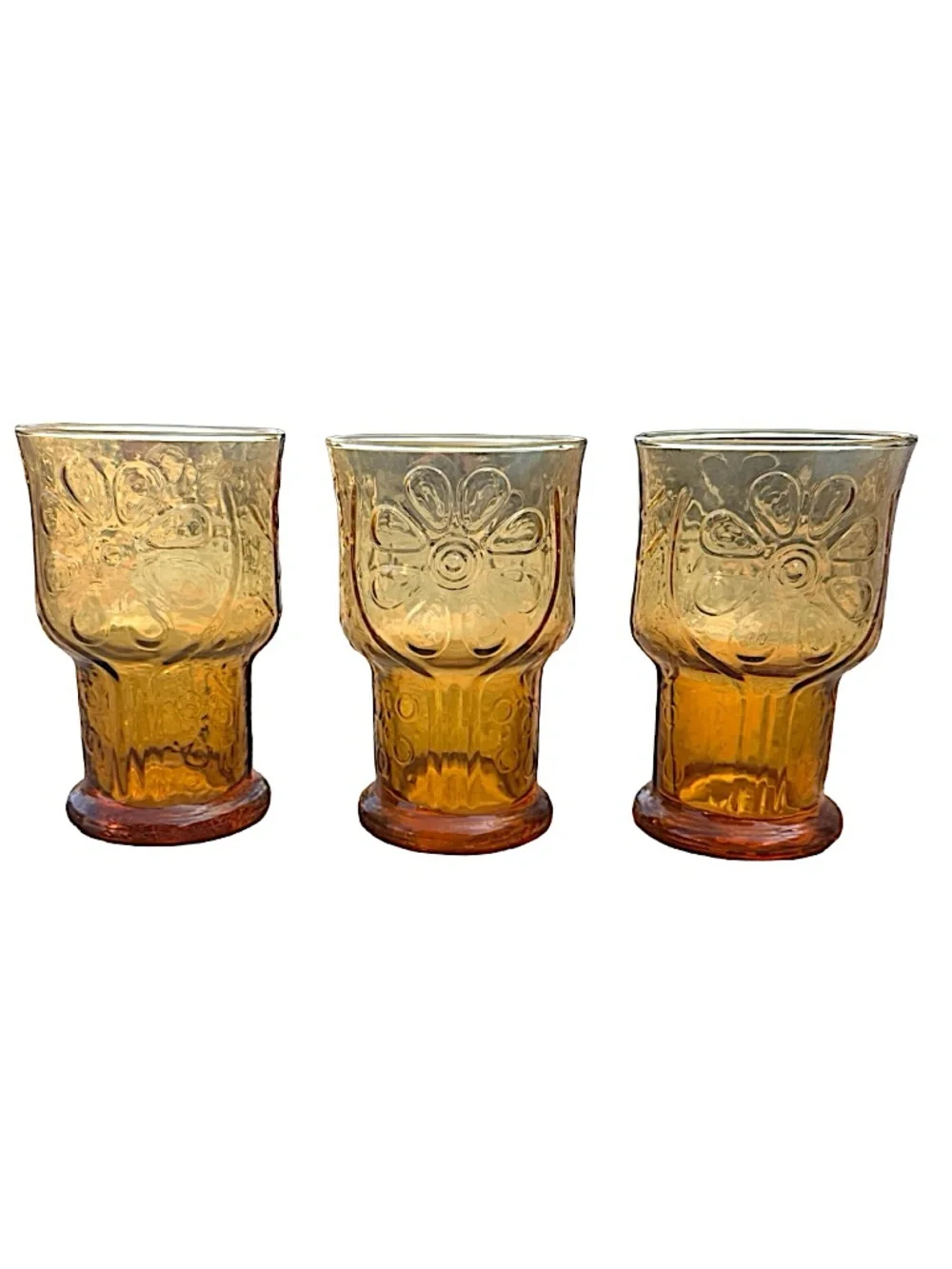 LIBBEY Vintage Amber Glass Tumbler 5” (set of 3) Country Garden Embossed Daisy